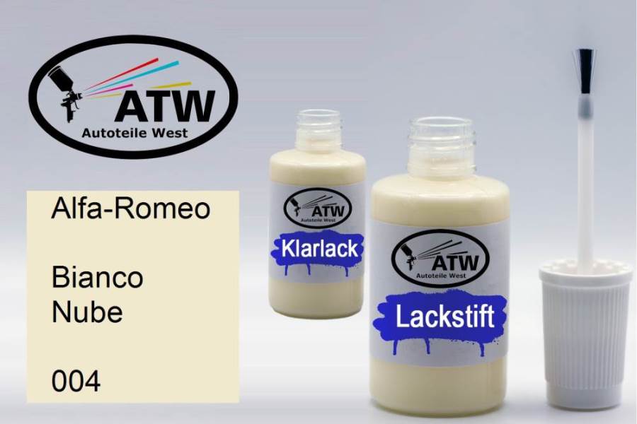 Alfa-Romeo, Bianco Nube, 004: 20ml Lackstift + 20ml Klarlack - Set, von ATW Autoteile West.